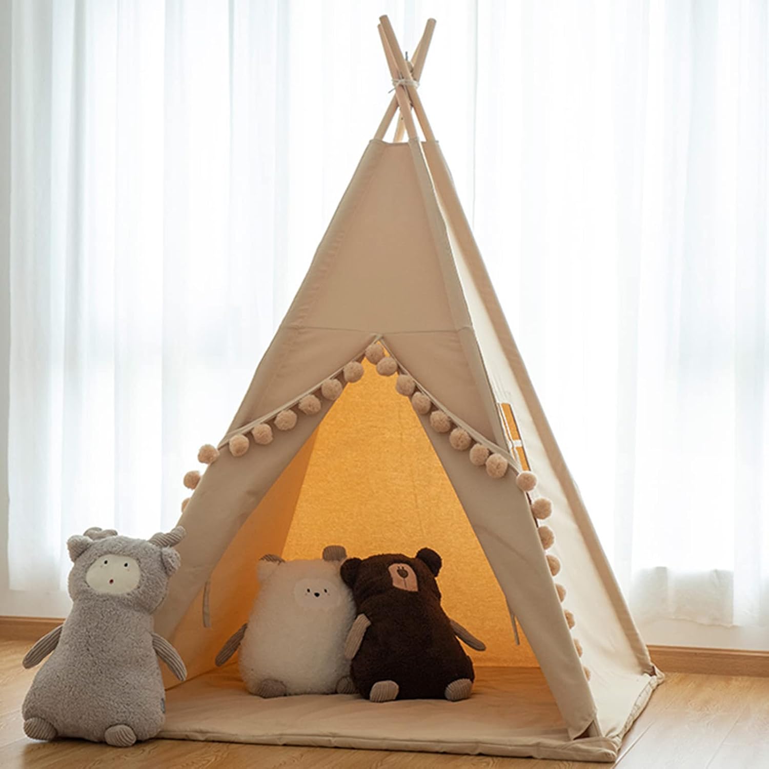Teepee for Kids Tent Indoor with Floor Mat,Carry Bag,Banner,Play Cottage with Star Light, Cotton Canvas Kids Teepee Tent for Girls & Boys, Pompom Ball Design, Foldable Teepee Tent